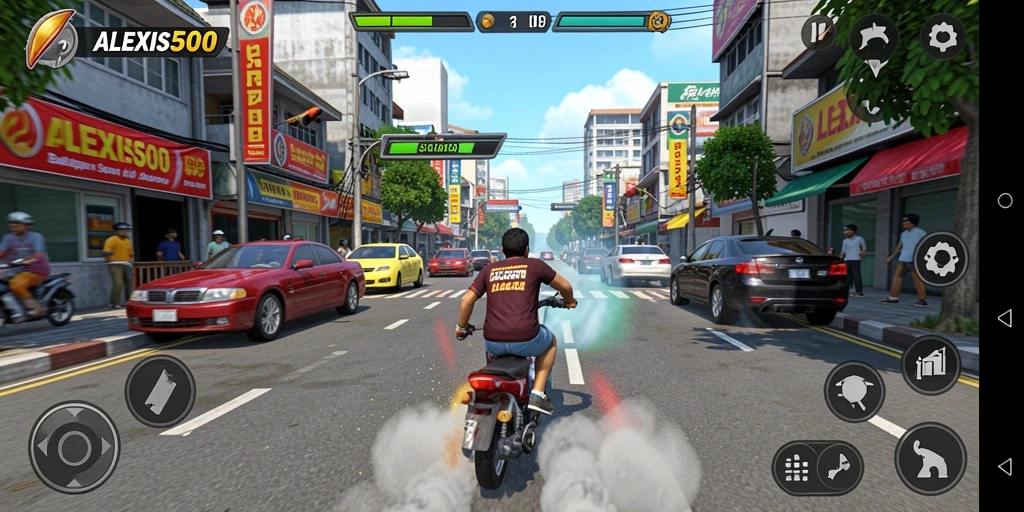 Screenshot gameplay ALEXIS500 menampilkan aksi balapan seru.