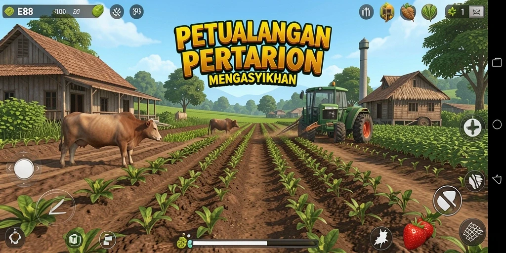 Tangkapan layar gameplay E88 menampilkan ladang yang subur dan hewan yang lucu.