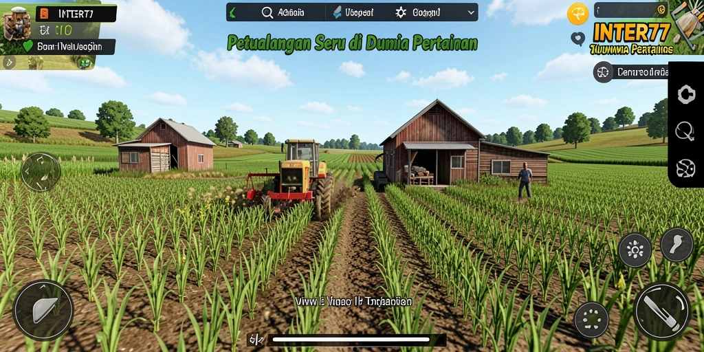 Tangkapan layar gameplay INTER77 dengan kebun yang subur dan hewan ternak.