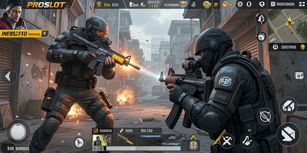 Screenshot PROSLOT menampilkan aksi intens di medan perang FPS.