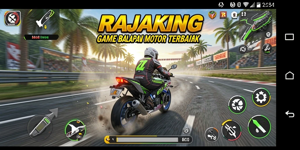 Tampilan gameplay seru di RAJAKING dengan balapan motor yang cepat.