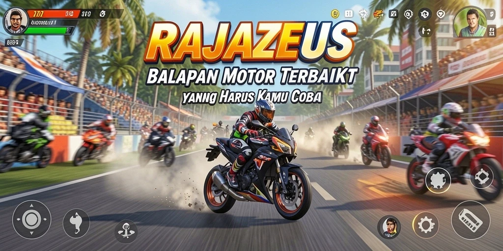 Tampilan gameplay seru di RAJAZEUS dengan motor balap cepat.